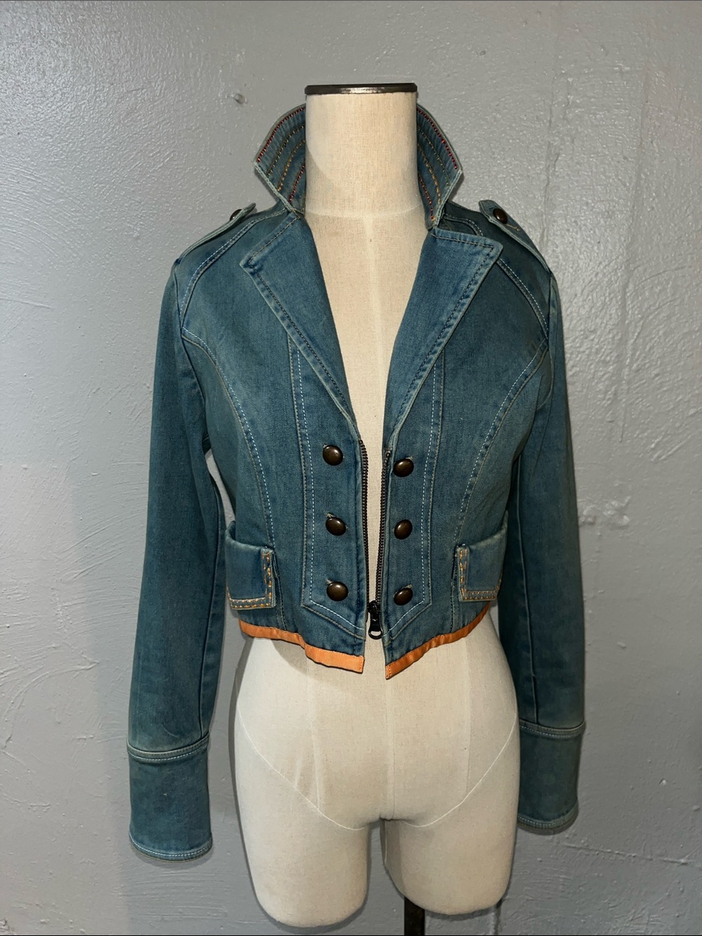 Women's washed Teal Denim Military-Style Cropped Jacket